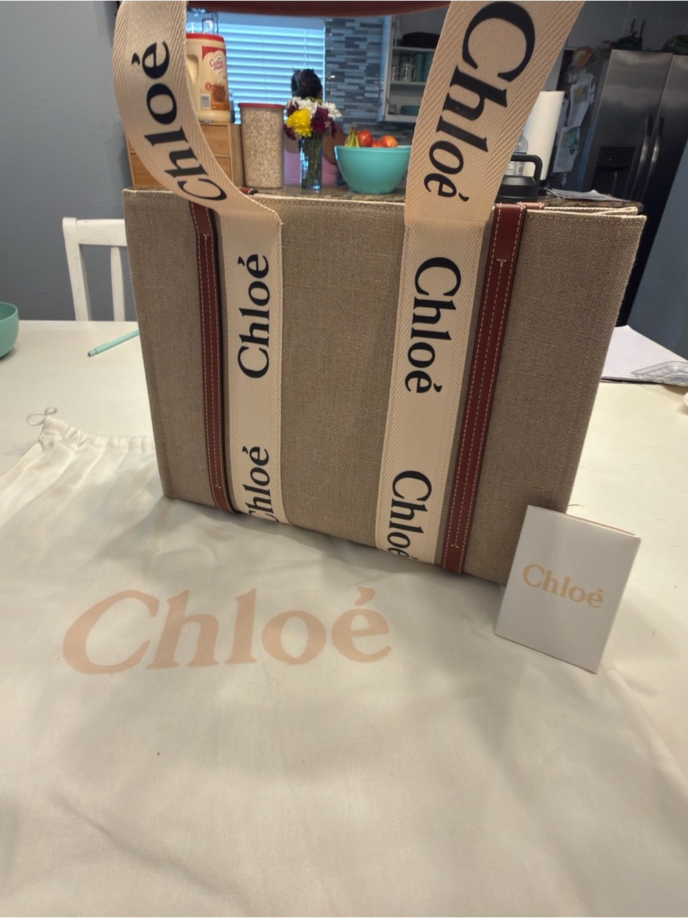Chloé Beige Canvas Tote with Cream Branded Straps and Brown Trim